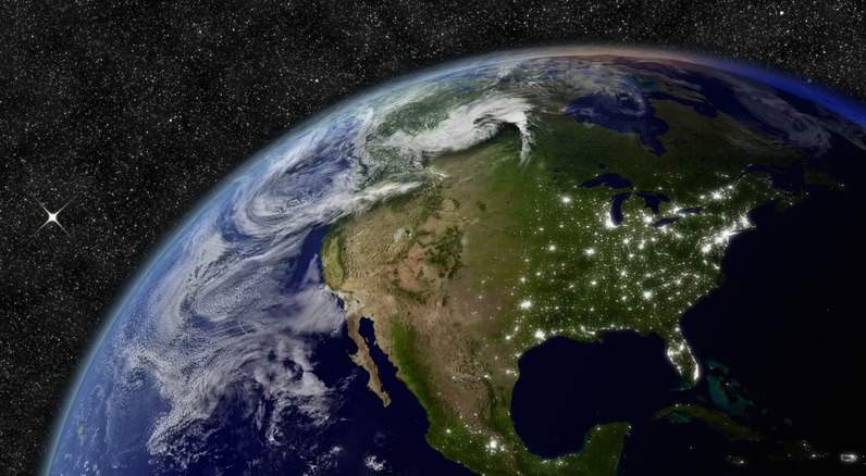 National Executive Search. North America on planet Earth from space with stars in the background. Elements of this image furnished by NASA.